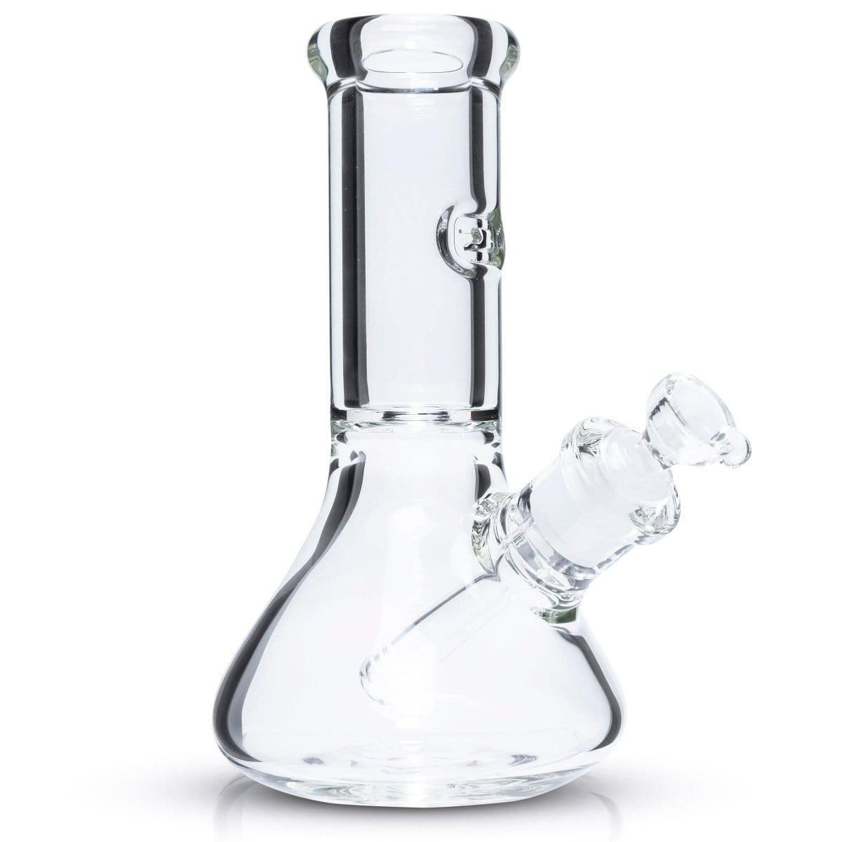 A studio shot displays the Tank Mini - 8 Inch beaker, featuring clear glass and a simple cylindrical shape.