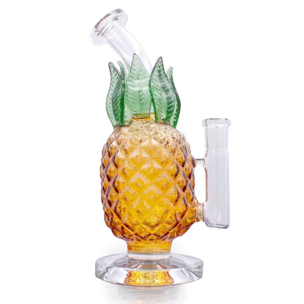 Front view of the 8" Tropical Pineapple Dab Rig, showcasing its textured glass and pineapple-shaped design on a reflective surface.