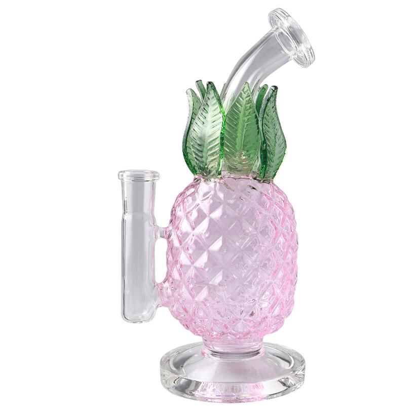 A front view of the 8" Tropical Pineapple Dab Rig, showcasing its sculpted glass pineapple design with a clear, rounded base.