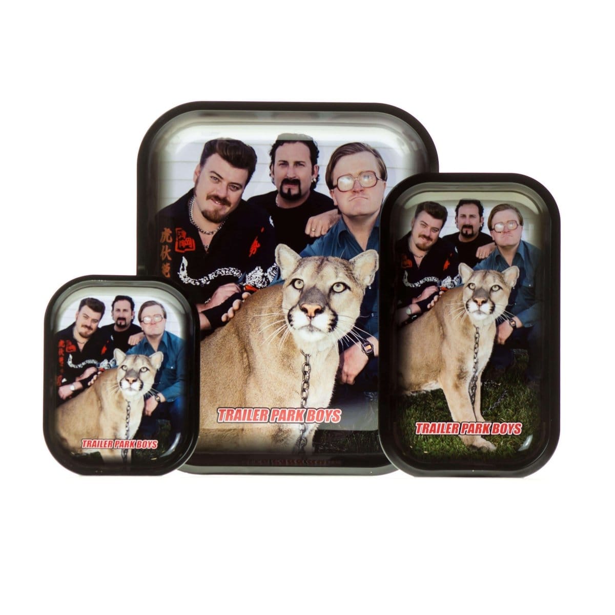 A close-up overhead view of the Big Kitty Rolling Tray featuring a tabby cat portrait on a dark background.