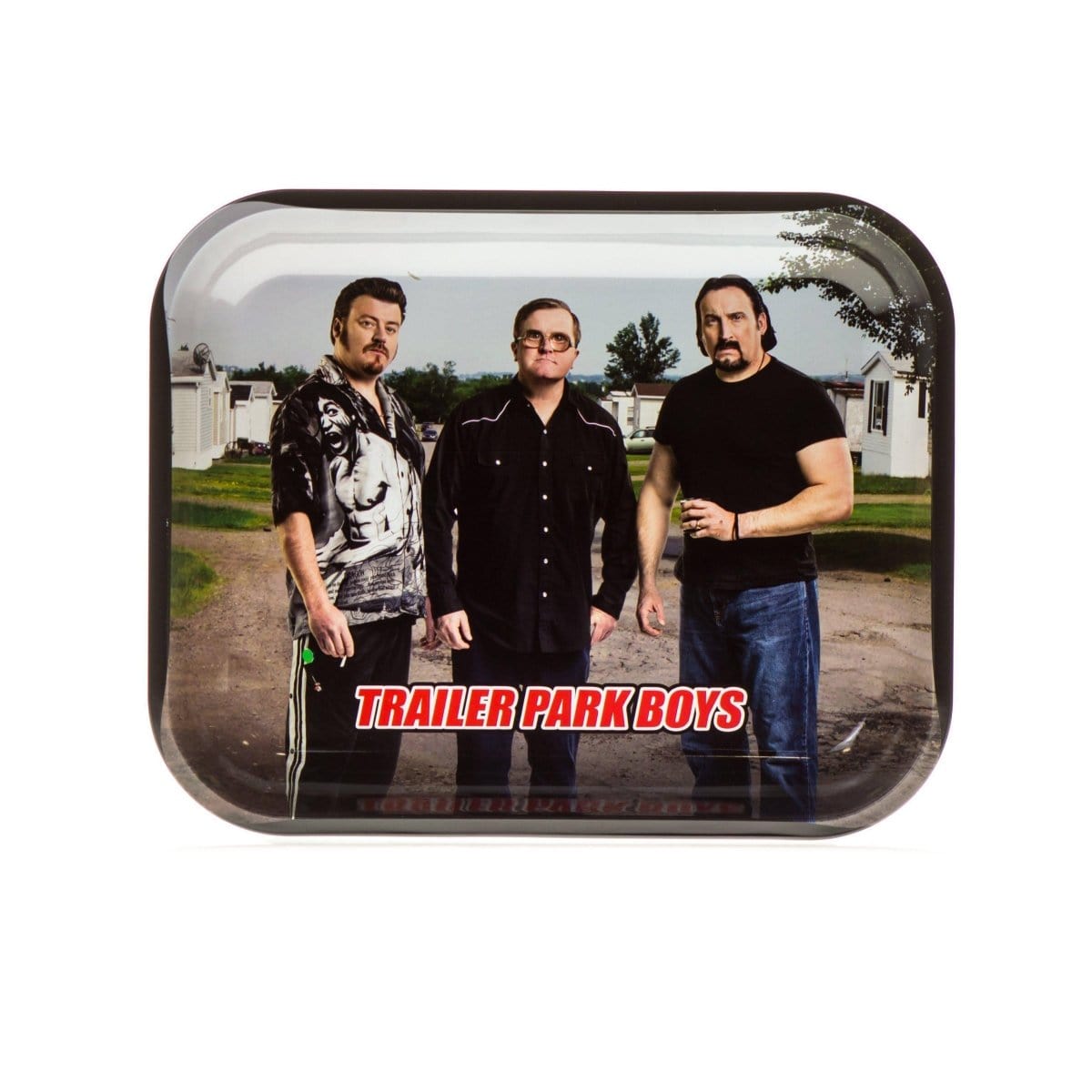 A close-up, overhead view of the Classic Rolling Tray depicting a man in a black shirt against a blurred residential background.