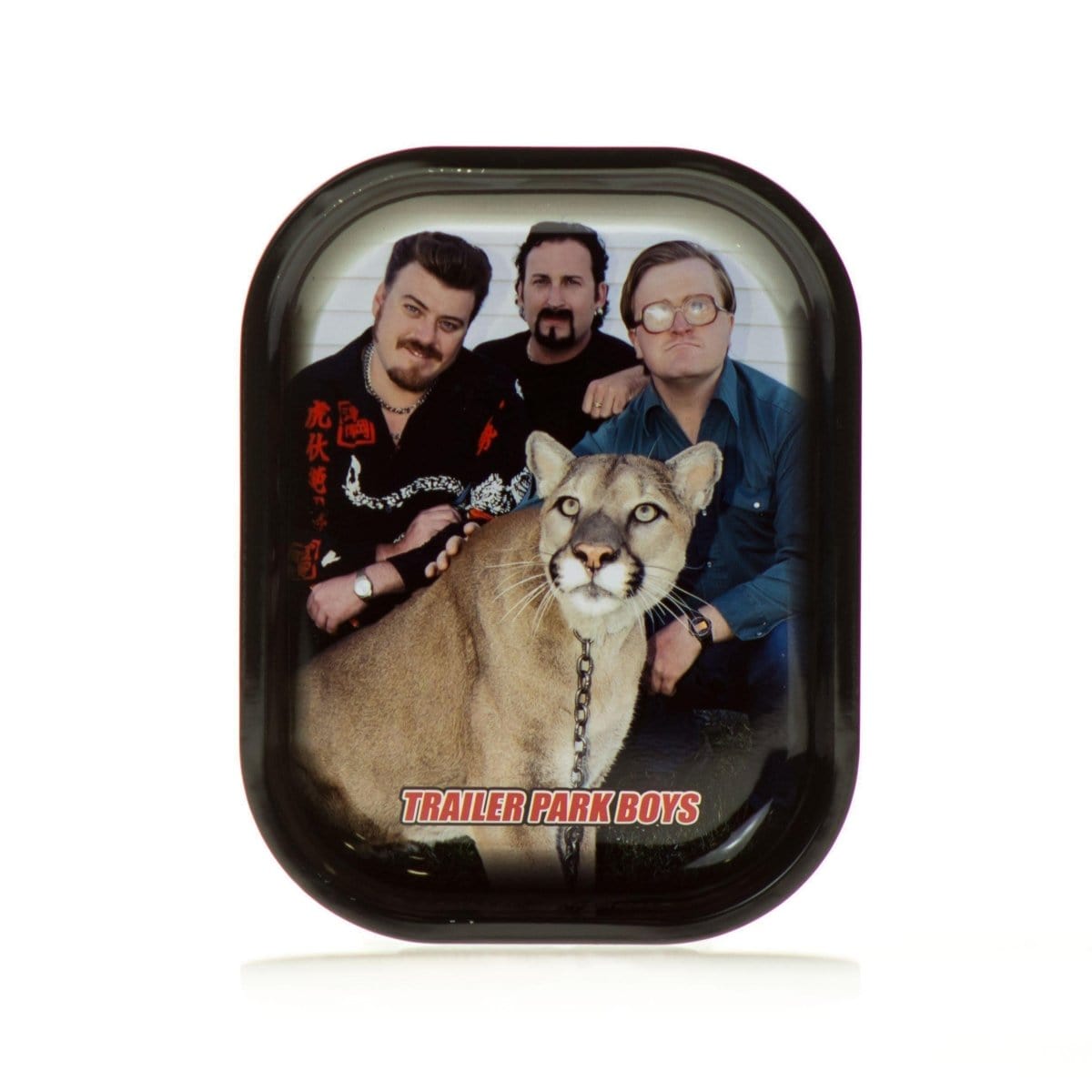 A close-up of the Big Kitty Rolling Tray featuring a feline illustration against a dark background.