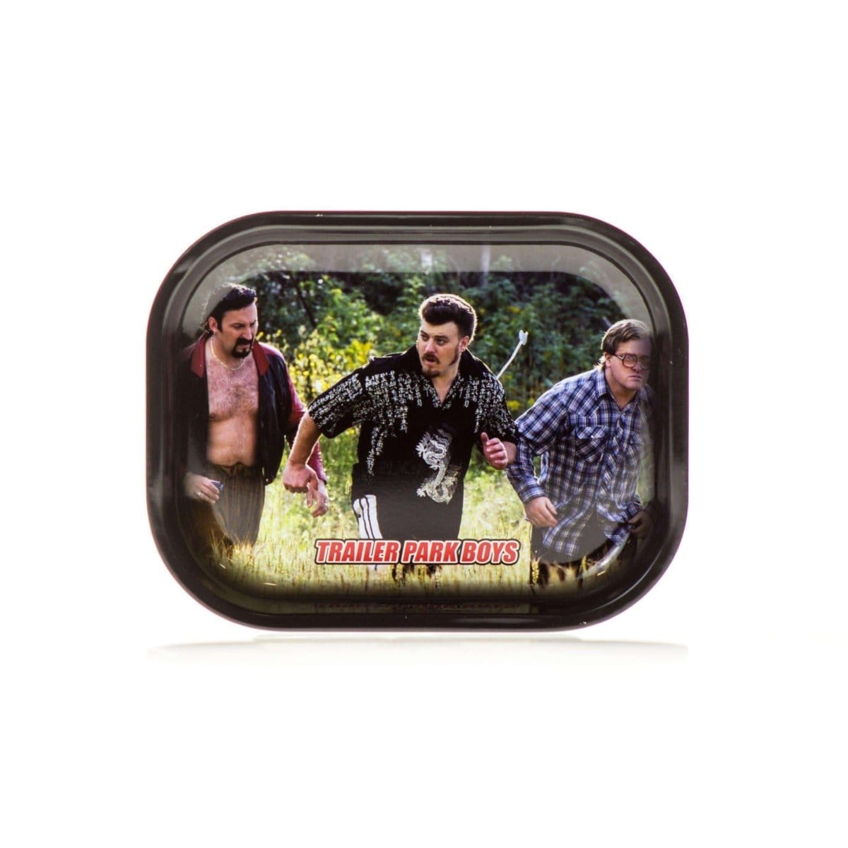 Front view of the Hustle Rolling Tray with a colorful image of three men, designed as a rectangular tabletop accessory.