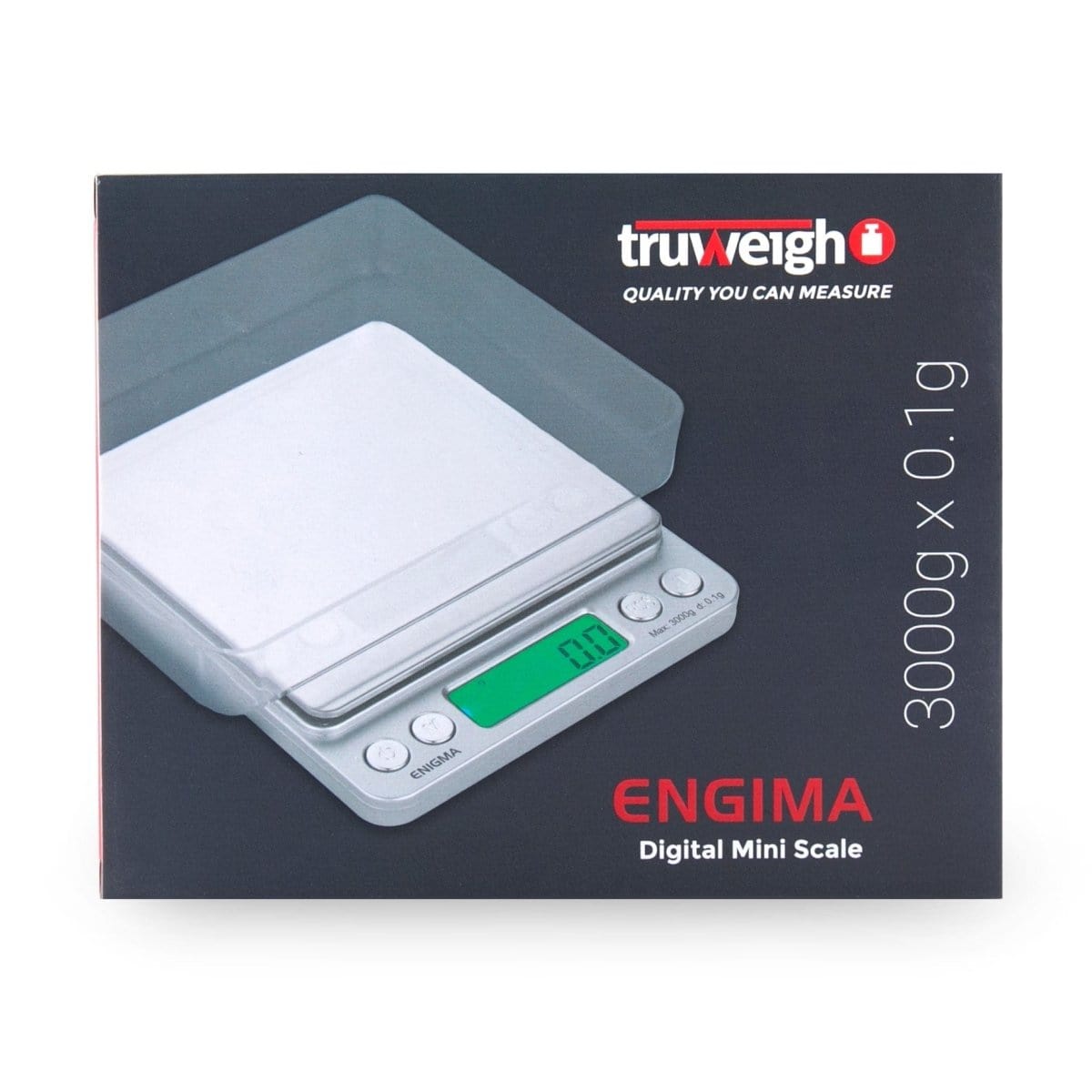 A slightly angled view of the Truweigh Enigma Scale displaying a digital readout against a plain white background.