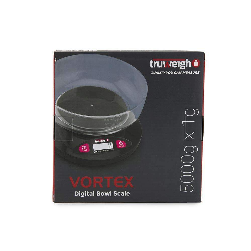 A close-up, angled view of the Truweigh Vortex Digital Bowl Scale, displaying a digital readout on its black surface.