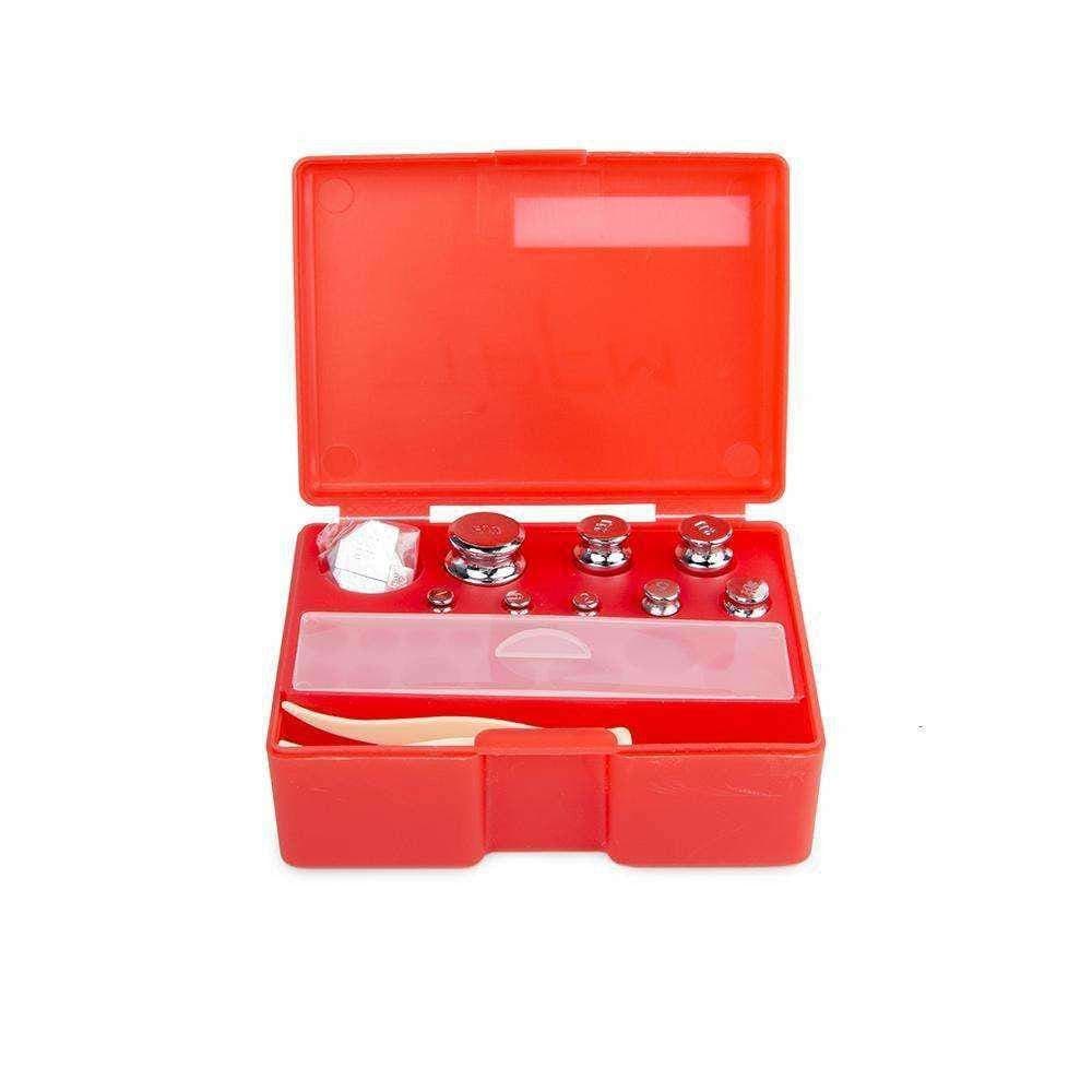 Top-down view of the open Calibration Weight Kit / 16 Pc (Red) displaying a collection of silver-toned weights inside a red plastic case.