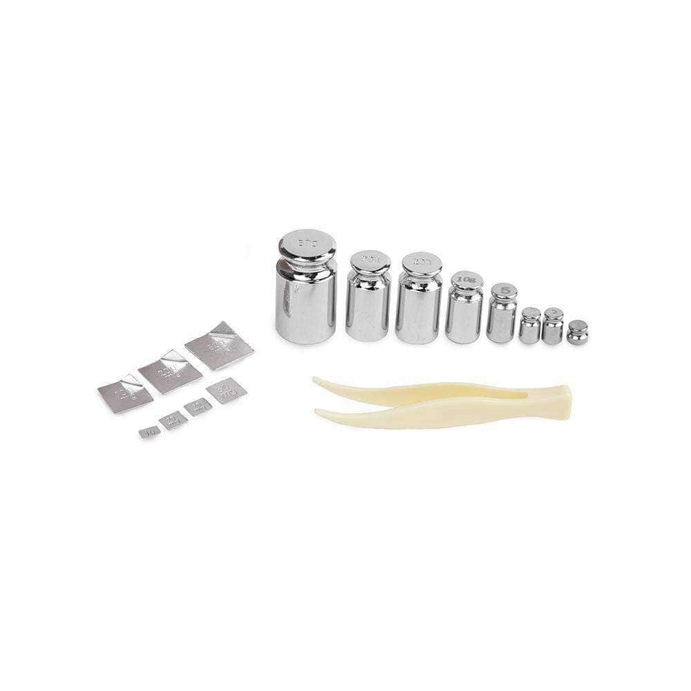 A side view of the Calibration Weight Kit / 16 Pc (Red) arranged in a descending line, showcasing the silver-colored cylindrical weights.