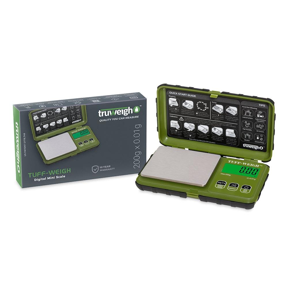 A top-down view of the Truweigh Tuff-Weigh Digital Mini Scale, displaying a digital readout on its black surface.