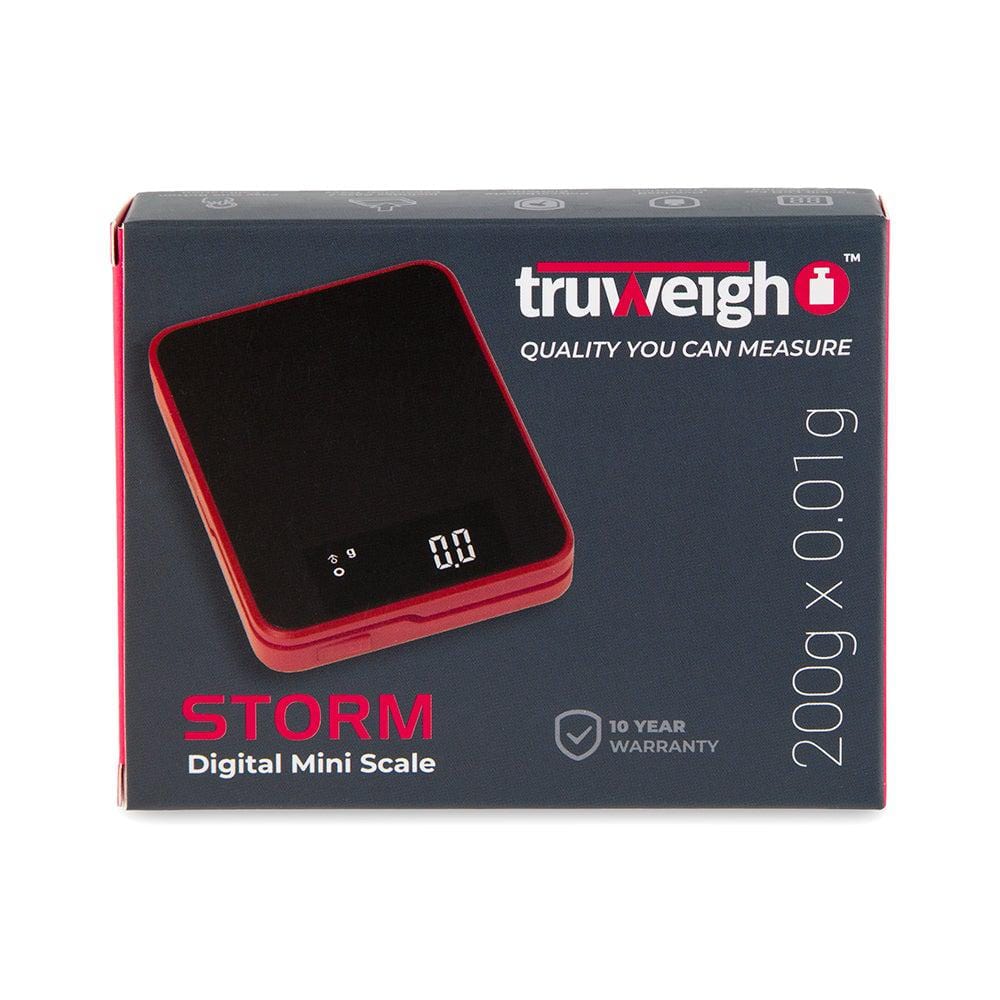 A close-up shows the digital display on the Truweigh Storm Mini Scale, with a sleek black finish and compact design.