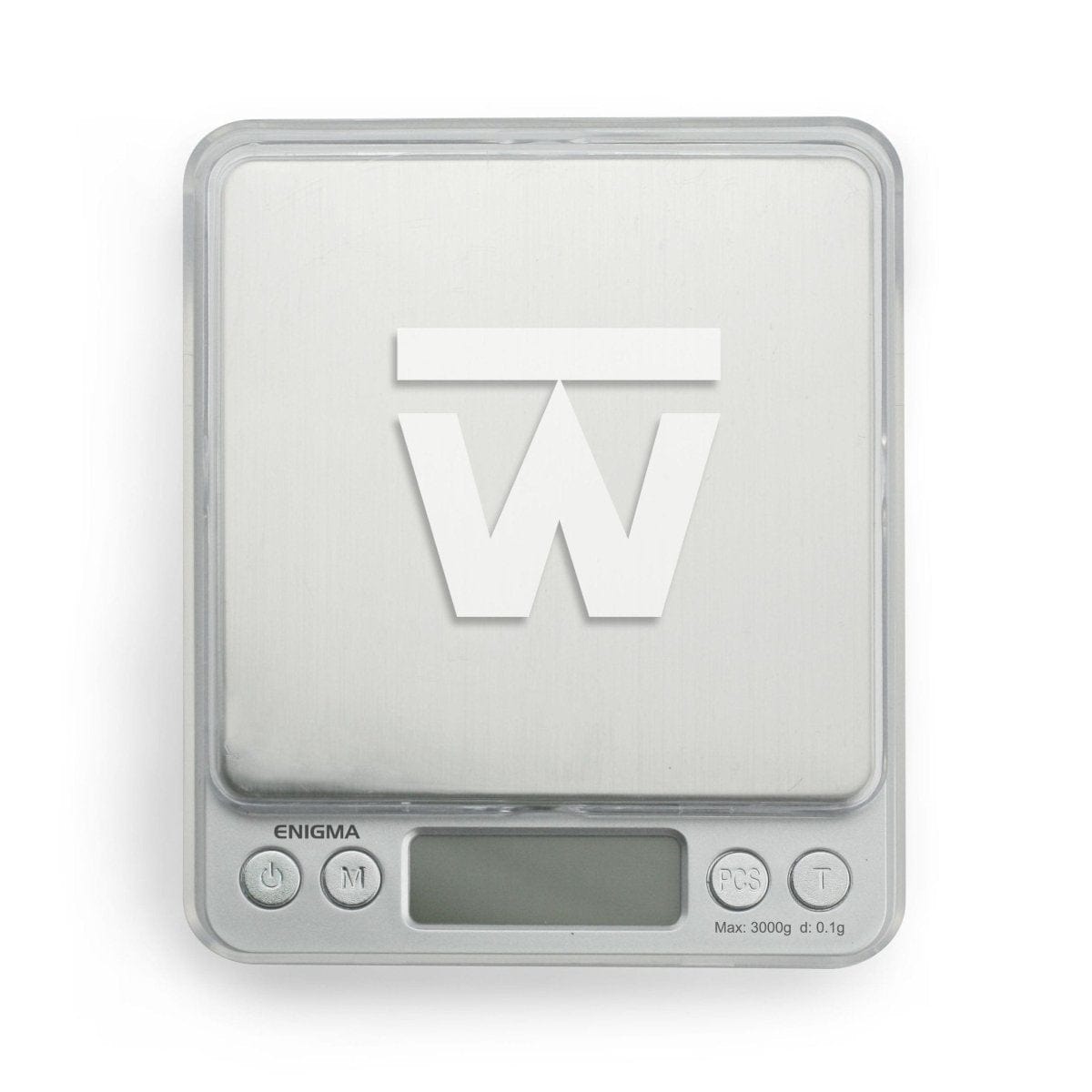 A close-up, top-down view of the Truweigh Enigma Scale, displaying a digital readout on its black surface.