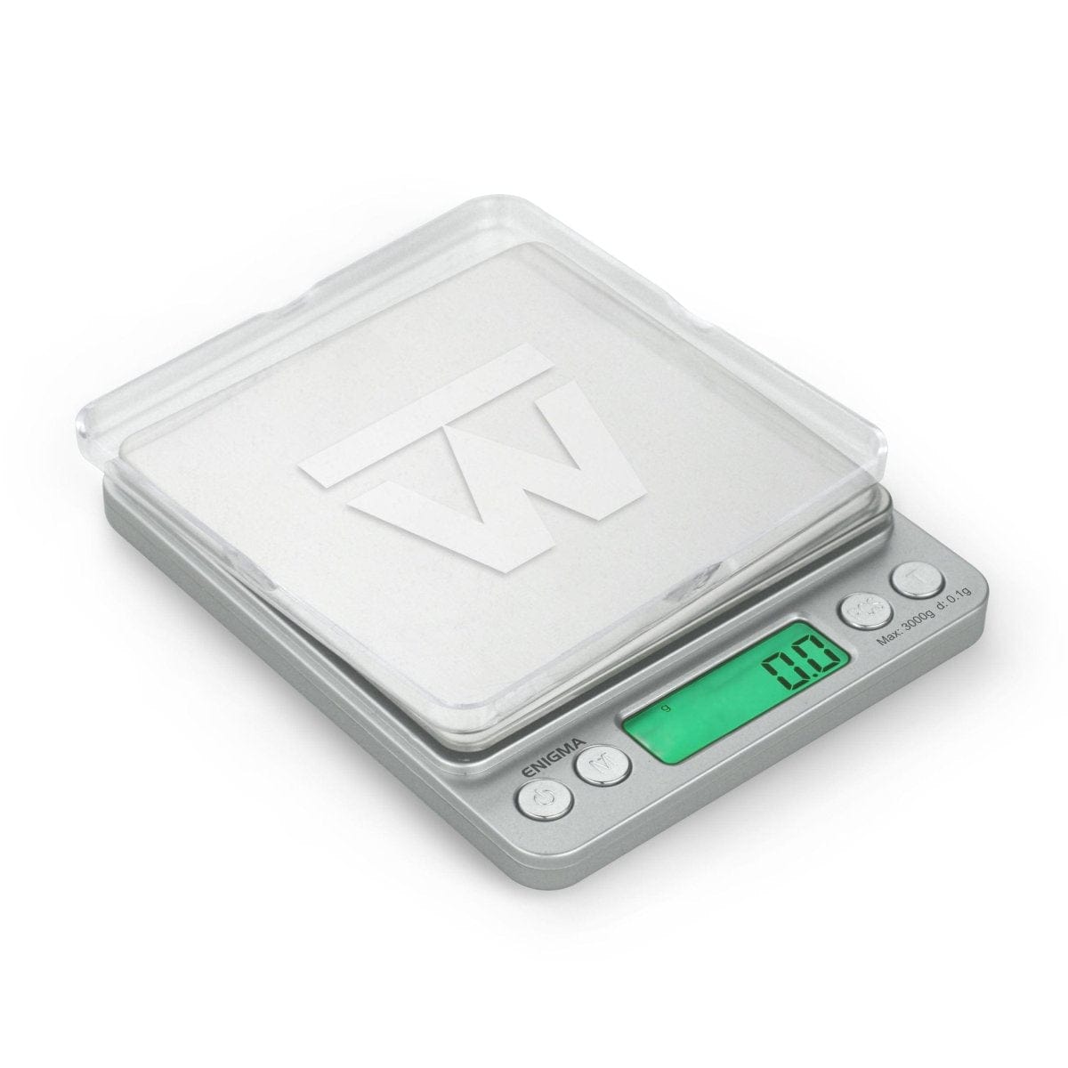 A close-up, angled view of the Truweigh Enigma Scale with a digital display, shown against a plain white background.