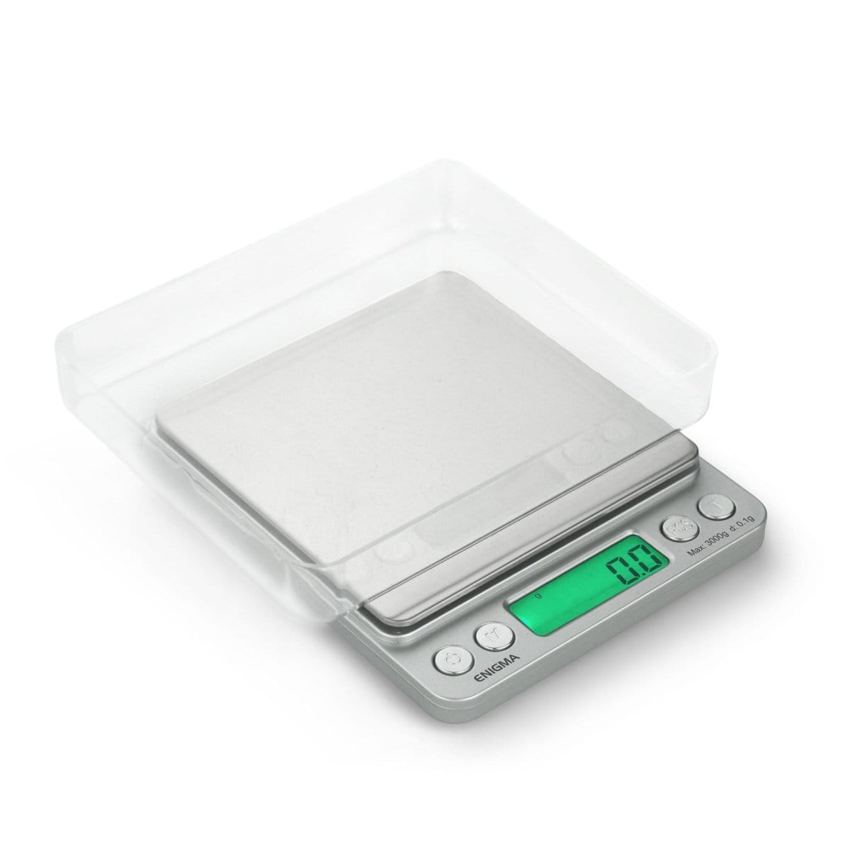 A close-up, angled view of the Truweigh Enigma Scale displaying a digital readout on its sleek, silver surface.