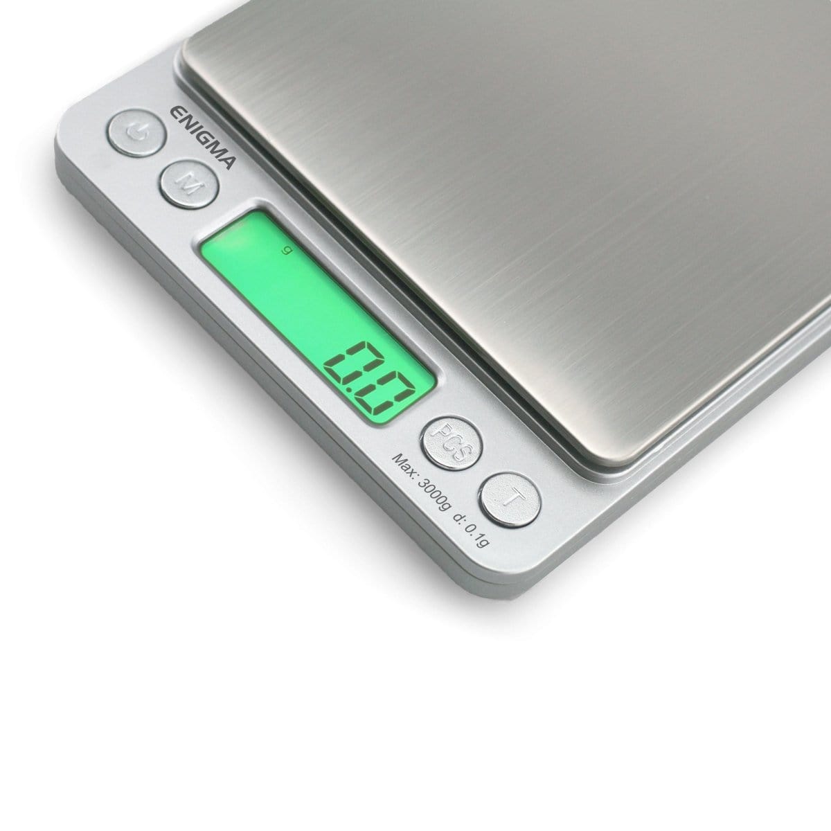 A close-up shot of the Truweigh Enigma Scale displaying a bright red digital readout on its black surface.