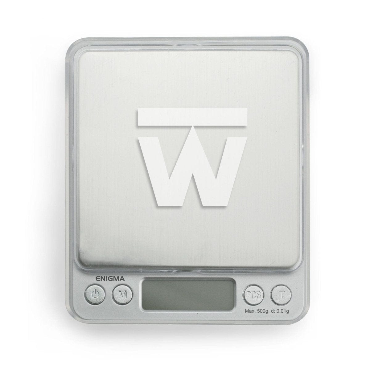 Front view of the Truweigh Enigma Scale, a silver digital scale with a clean, minimalist design and a bright display.