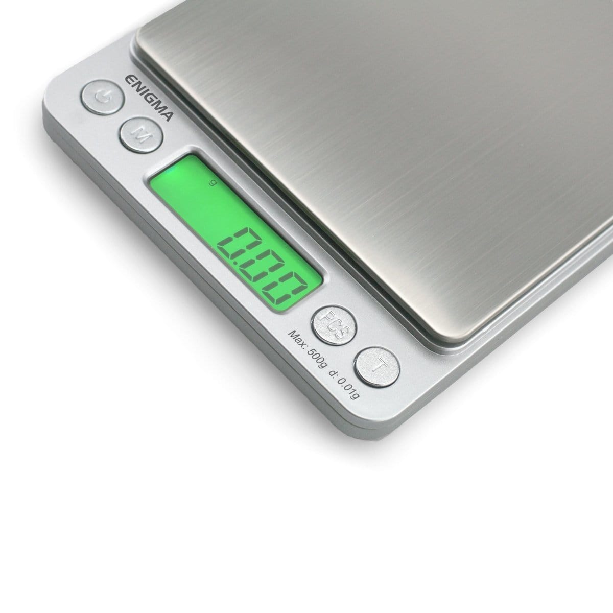 Close-up of the Truweigh Enigma Scale displaying a digital readout, with buttons on the side and a sleek, modern design.