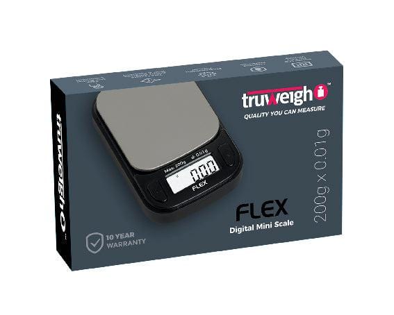 Front view of the Truweigh Flex Mini Scale, showing a digital display on a sleek, compact black platform.