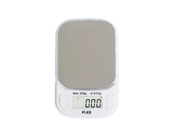 Front view of the Truweigh Flex Mini Scale, a compact digital scale with a black weighing platform.