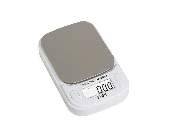 The Truweigh Flex Mini Scale – 200g x 0.01g is displayed in a front view, showing the digital display on its white surface.