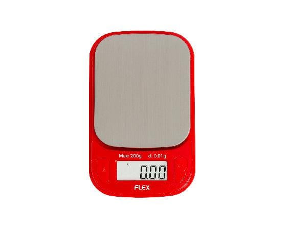 Front view of the Truweigh Flex Mini Scale, a small digital scale with a red surface and clear display.