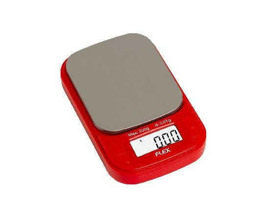 Front view of the Truweigh Flex Mini Scale, a compact red digital scale displaying a zero reading.