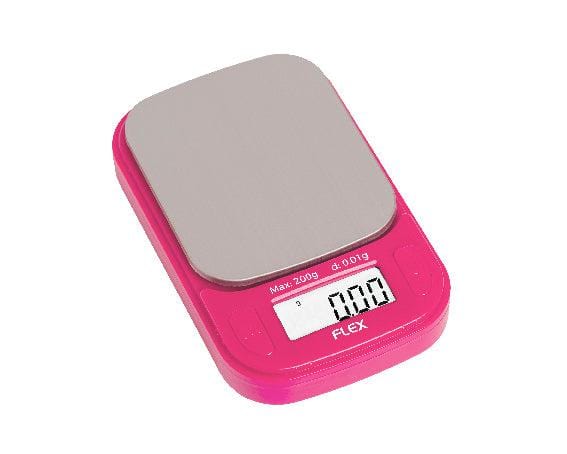 A close-up, angled view of the Truweigh Flex Mini Scale with a silver weighing platform and digital display.