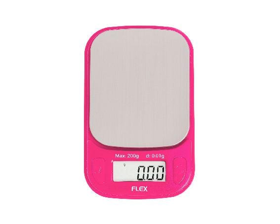Front view of the Truweigh Flex Mini Scale, displaying a digital readout on its sleek, compact surface.