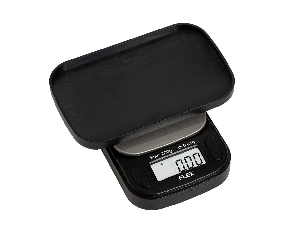 The Truweigh Flex Mini Scale – 200g x 0.01g is shown in a close-up, top-down view with its digital display visible.