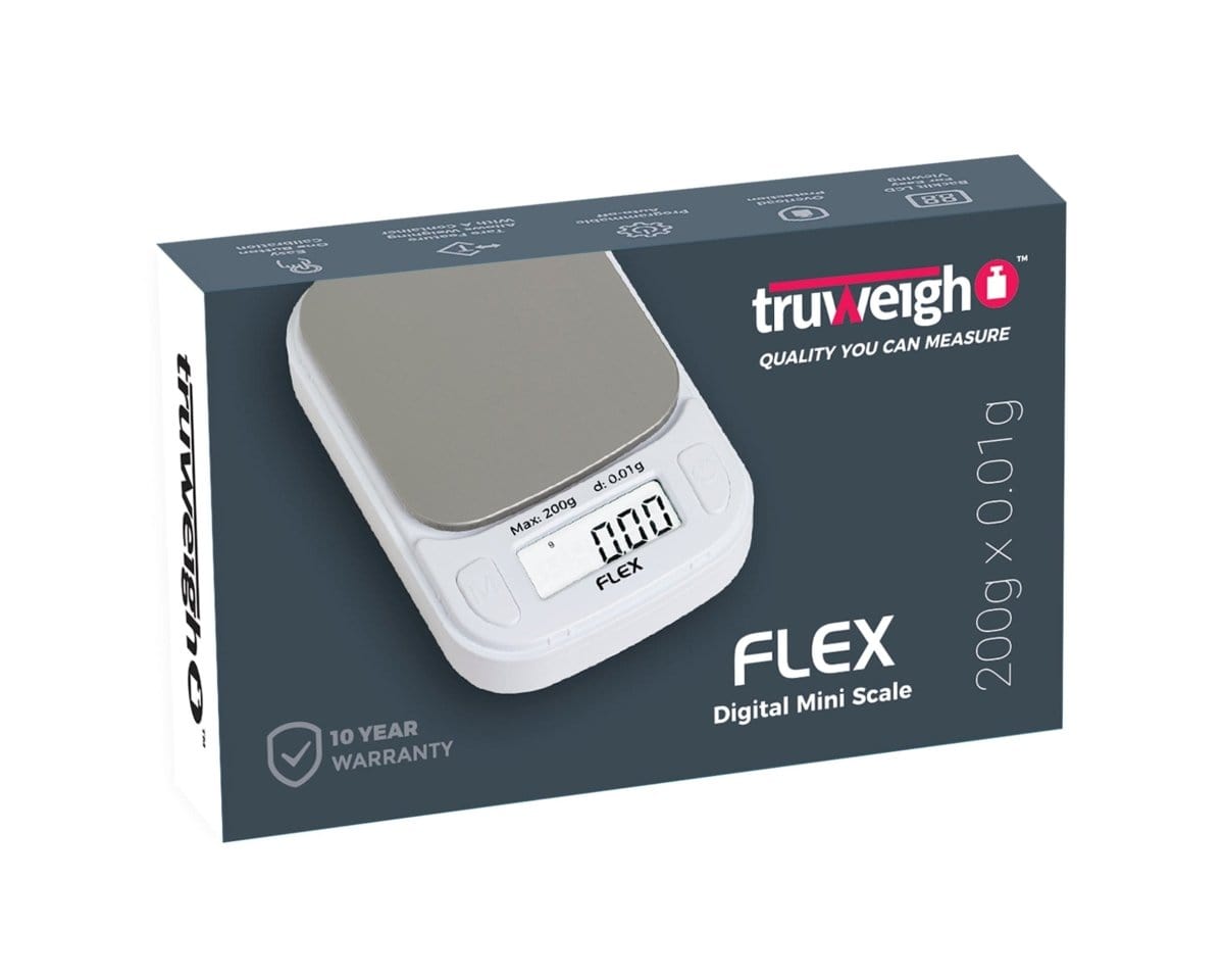 A close-up, angled view of the Truweigh Flex Mini Scale, showing its digital display and sleek, compact design.