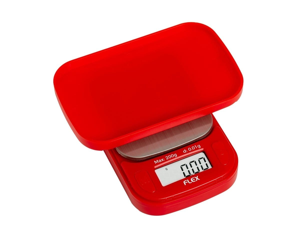 A close-up of the red Truweigh Flex Mini Scale – 200g x 0.01g, displaying a digital readout against a plain white background.