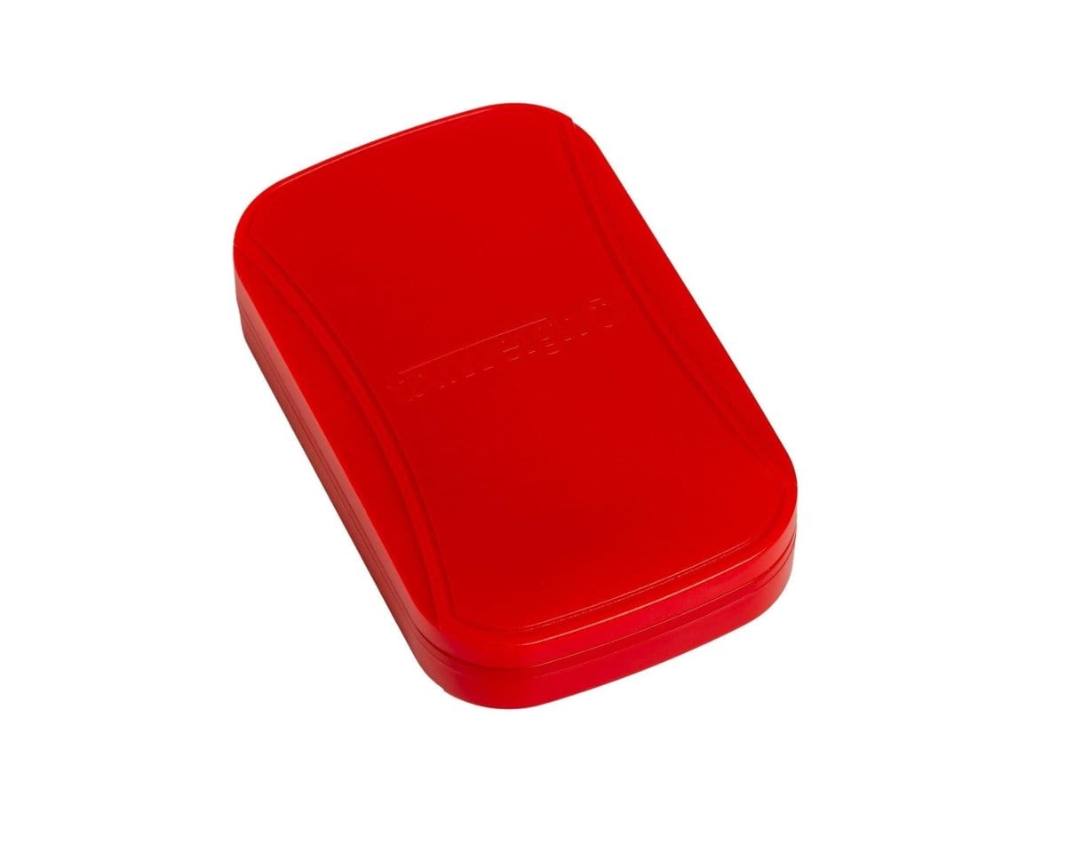 A slightly angled, top-down view of the red Truweigh Flex Mini Scale – 200g x 0.01g, against a plain white background.