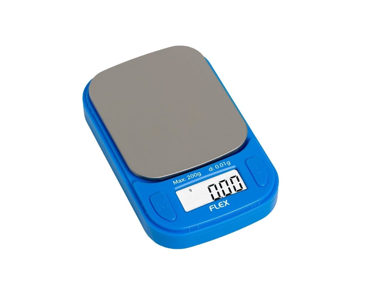 A close-up, angled view of the Truweigh Flex Mini Scale, displaying a digital readout on its blue surface.