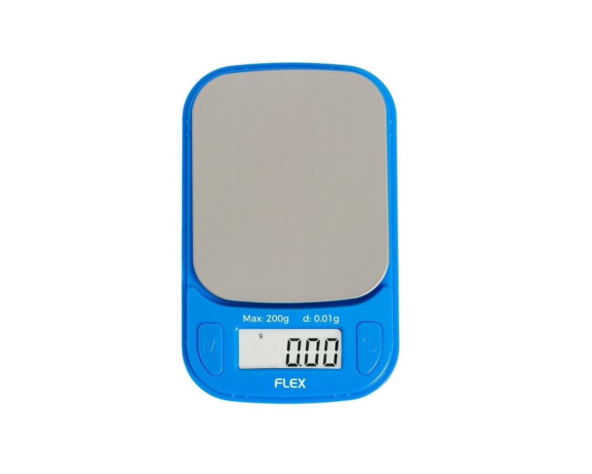 A close-up, top-down view of the Truweigh Flex Mini Scale displaying a digital readout against a plain white background.