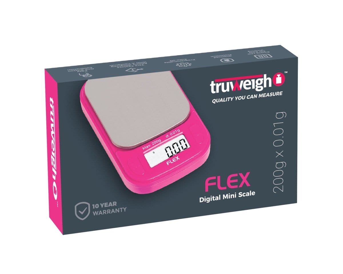 A close-up, angled view of the Truweigh Flex Mini Scale displaying a digital readout on its black platform.