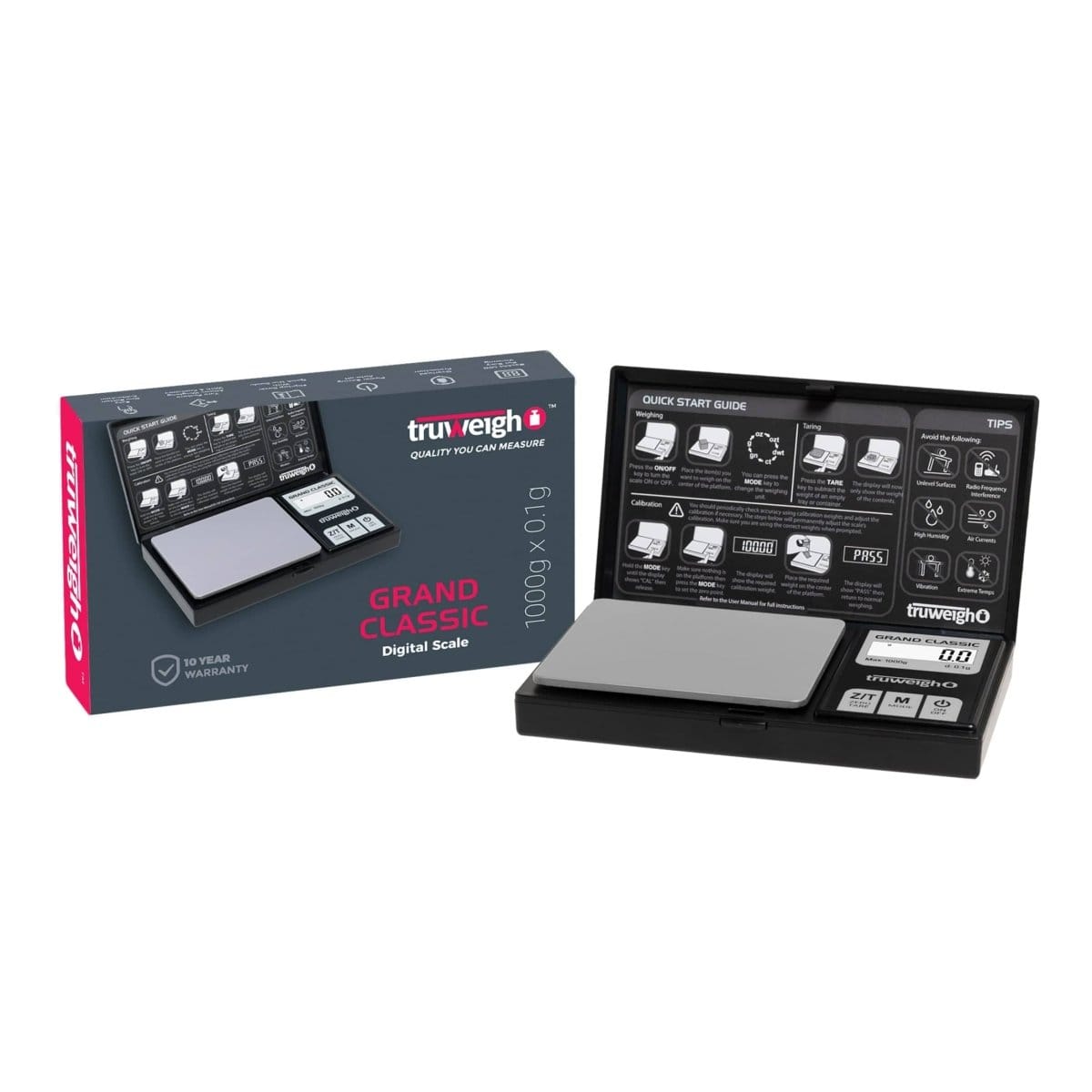 A close-up of the Truweigh Grand Classic Digital Mini Scale, displaying instructions and a sleek, black design.