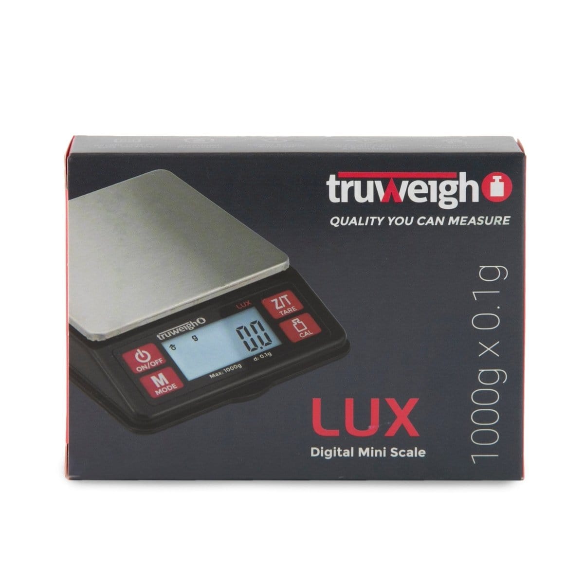 A close-up, angled view of the black Truweigh LUX Digital Scale, displaying its digital screen and sleek design.