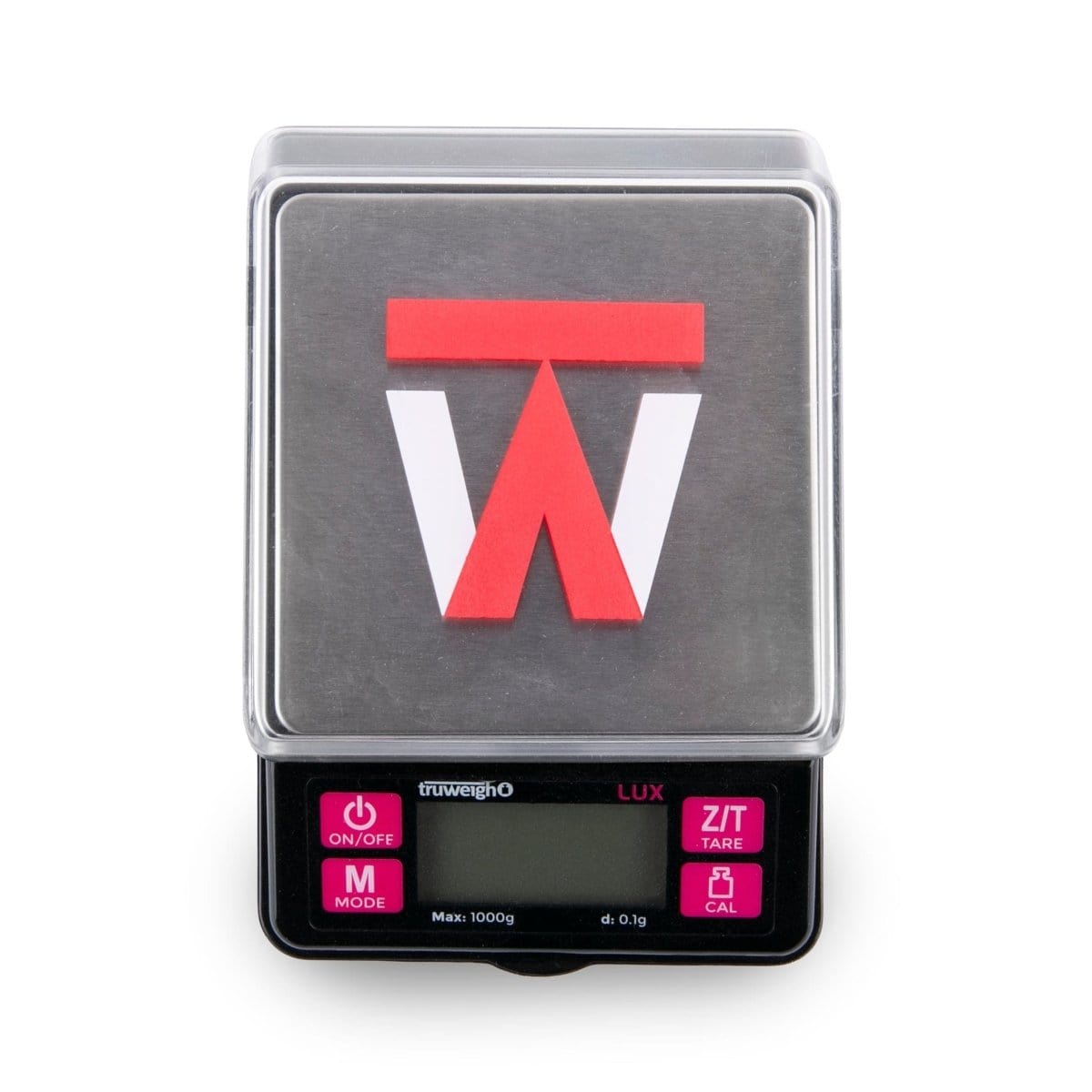 Front view of the Truweigh LUX Digital Scale in black, displaying a digital readout with a minimalist design.