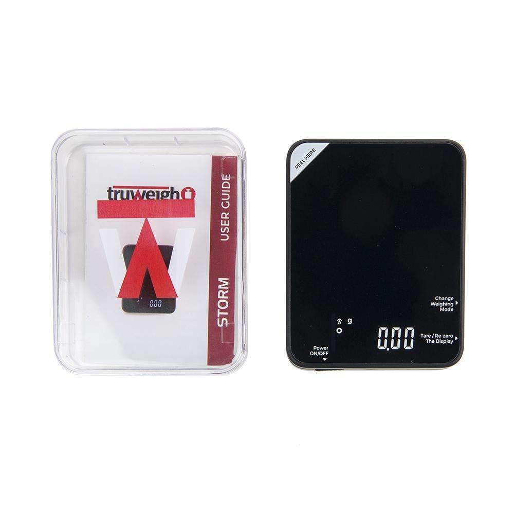 Front view of the Truweigh Storm Mini Scale 200G X 0.01G, displaying a sleek, black design with a digital readout.