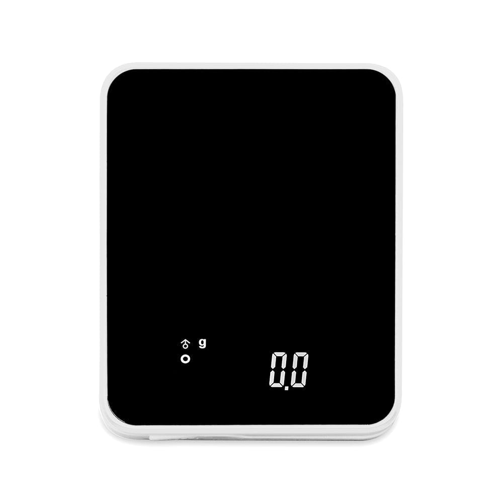 Front view of the Truweigh Storm Mini Scale 200G X 0.01G, displaying a black digital readout on a sleek, compact device.