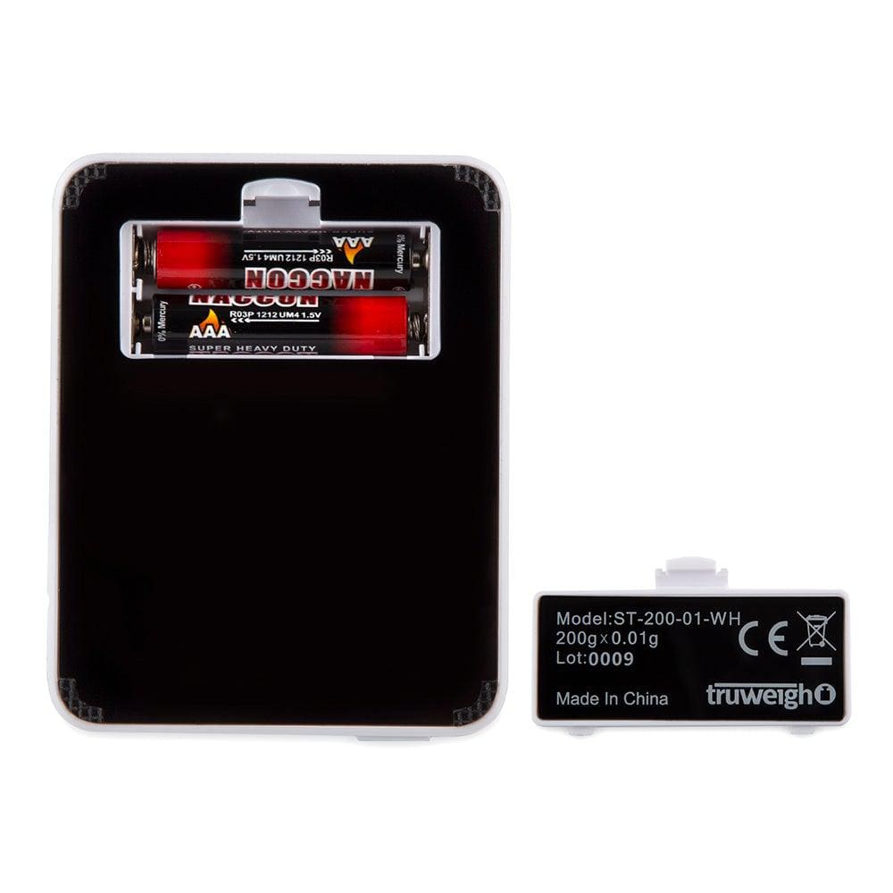 Front view of the Truweigh Storm Mini Scale 200G X 0.01G with a black finish, displaying its digital screen and compact size.