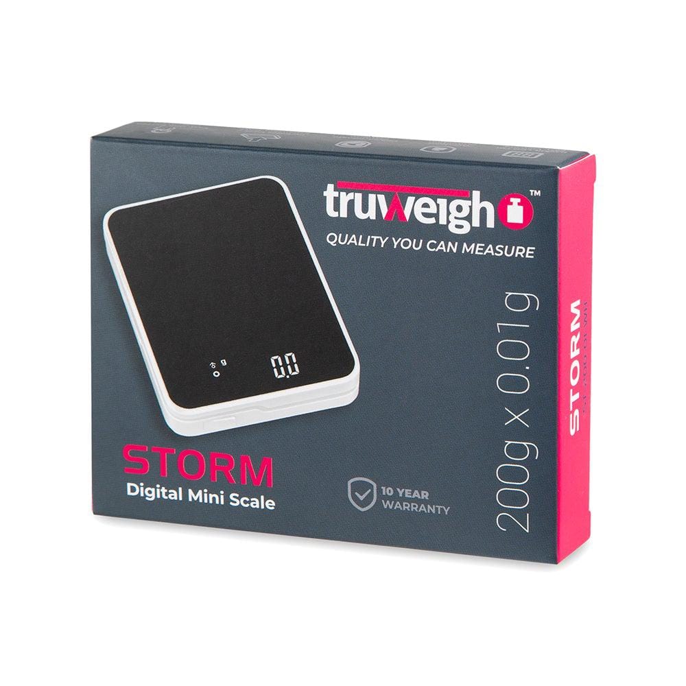 A close-up of the Truweigh Storm Mini Scale 200G X 0.01G displaying a digital readout on its sleek, dark surface.