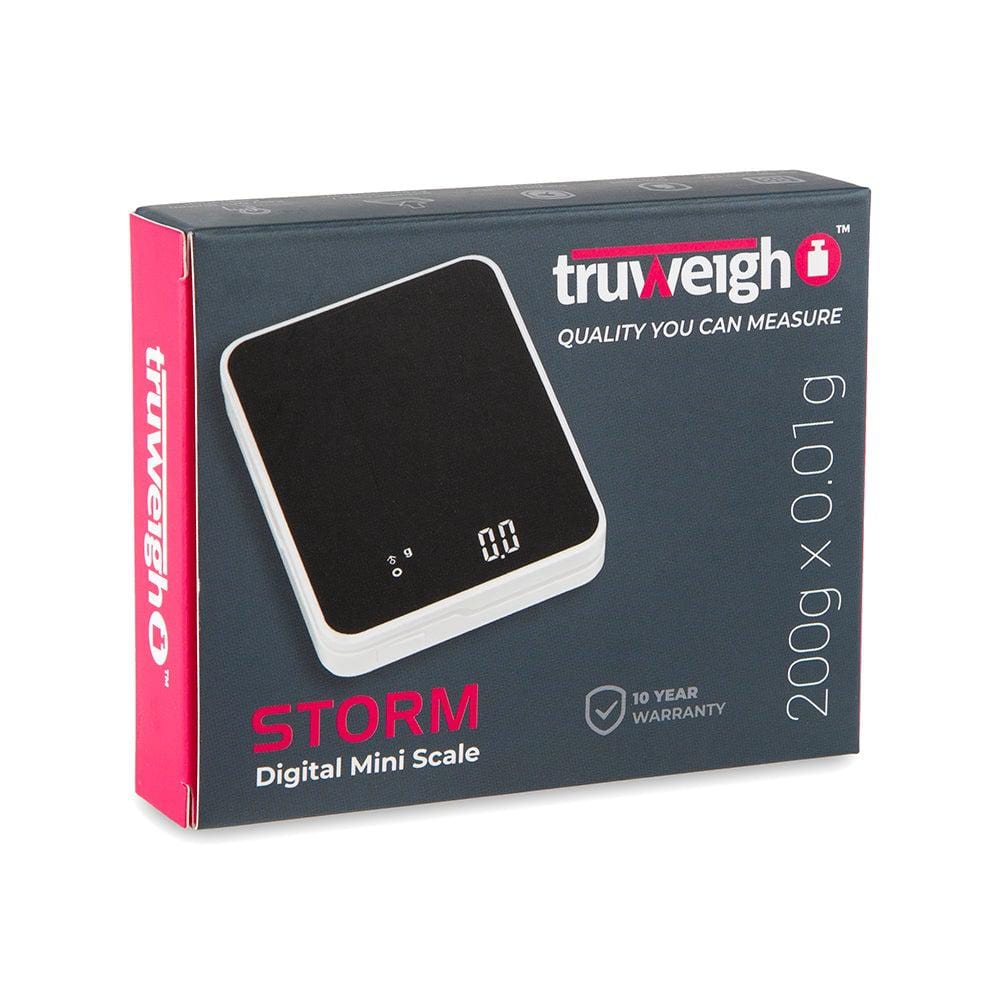Front view of the Truweigh Storm Mini Scale 200G X 0.01G, displaying a digital readout on its black surface.