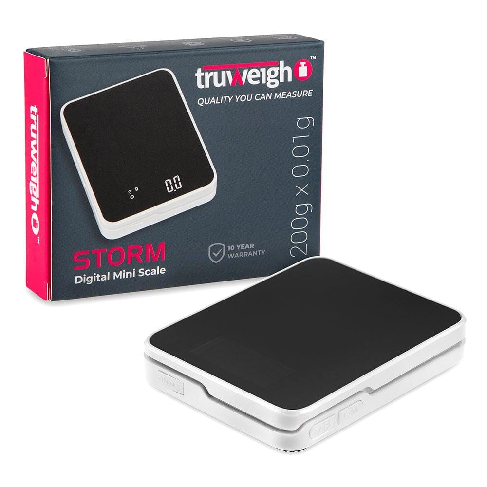 Front view of the Truweigh Storm Mini Scale 200G X 0.01G, displaying a digital readout on its black surface.