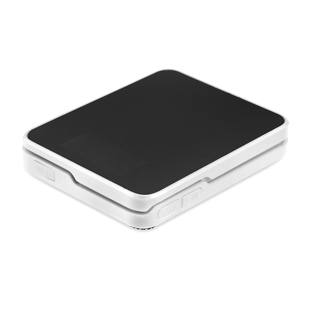 Front view of the Truweigh Storm Mini Scale 200G X 0.01G, a compact, black digital scale against a neutral background.