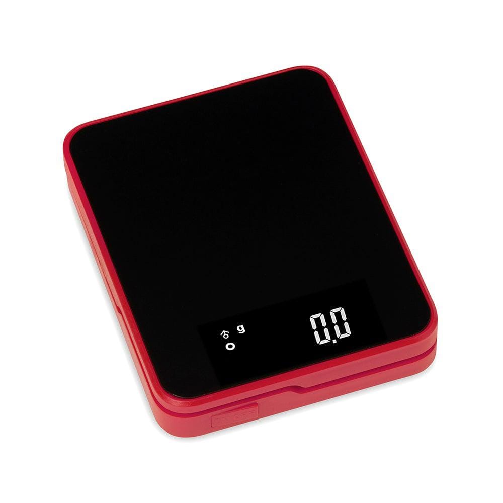 Front view of the Truweigh Storm Mini Scale 200G X 0.01G, a compact red digital scale with a clean, minimalist design.