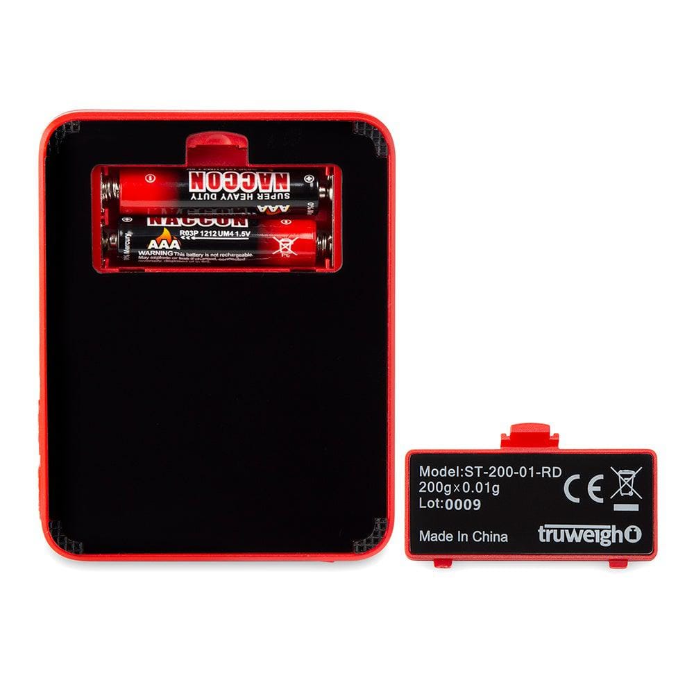 Front view of the Truweigh Storm Mini Scale 200G X 0.01G with visible labeling and a dark background.