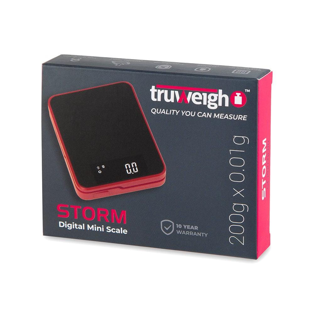 Front view of the Truweigh Storm Mini Scale 200G X 0.01G displaying a digital readout on its black surface.