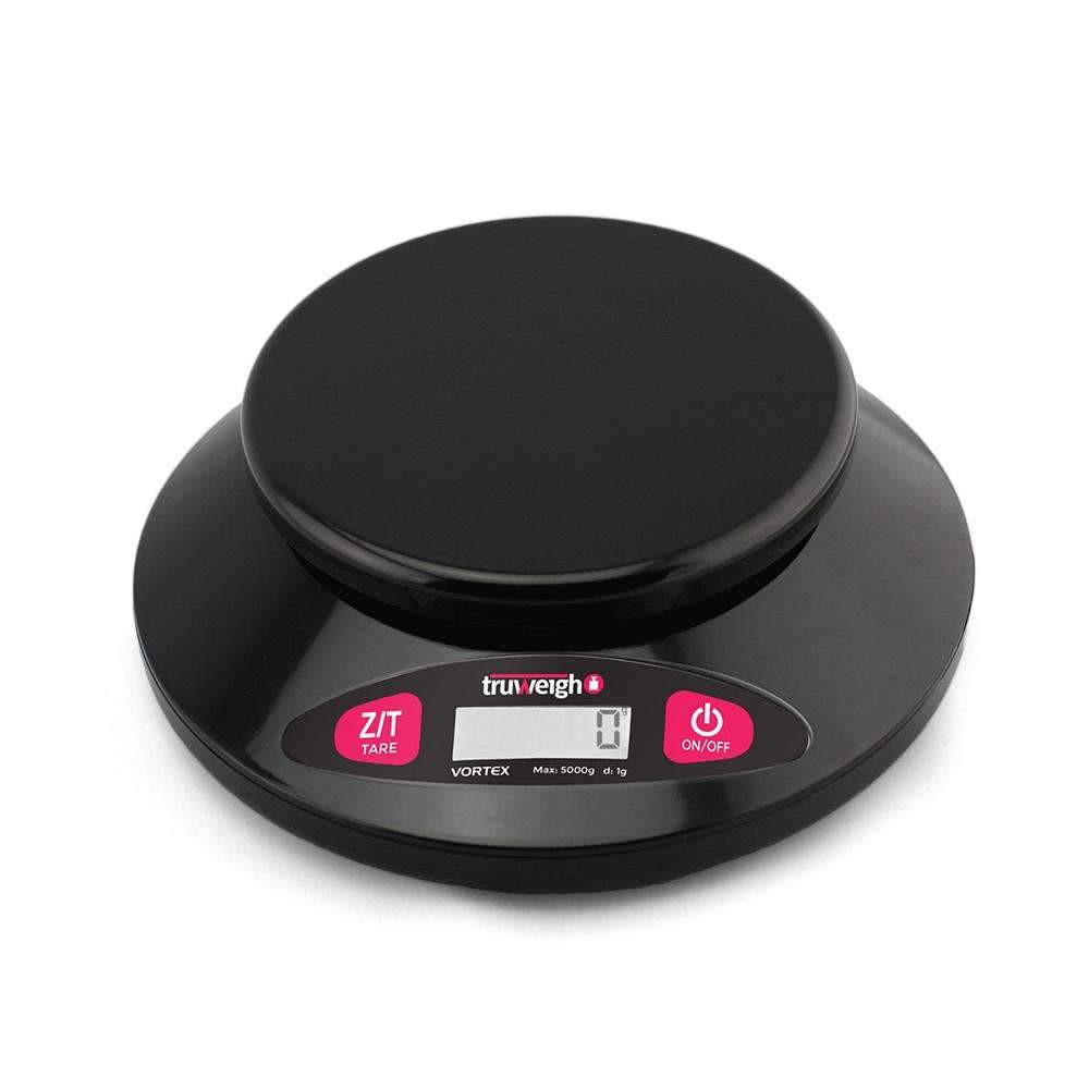 A top-down view of the Truweigh Vortex Digital Bowl Scale with a black bowl and digital display.