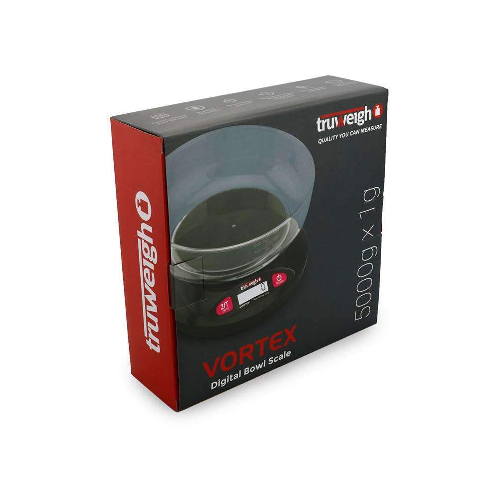 A close-up, angled view of the Truweigh Vortex Digital Bowl Scale with a stainless steel bowl against a neutral background.