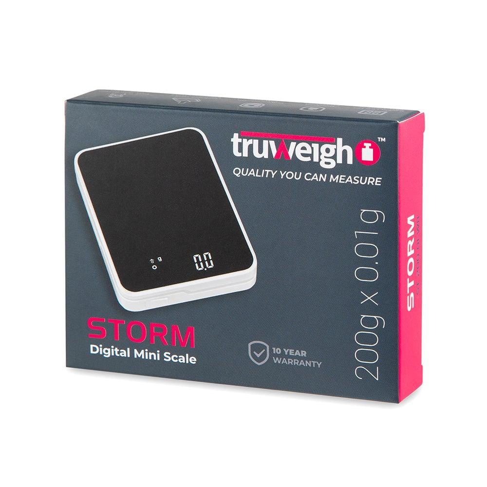Front view of the Truweigh Storm Mini Scale 200G X 0.01G, displaying a digital readout on its dark surface.