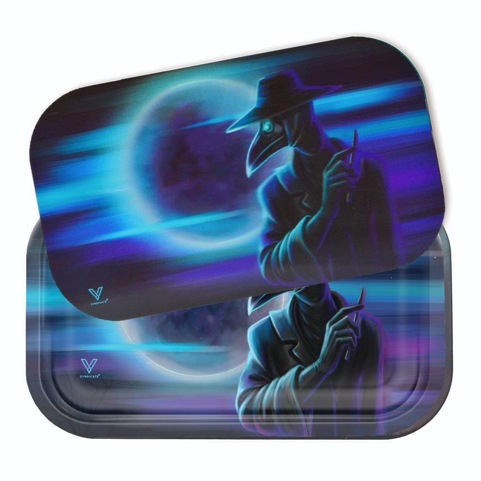 A close-up, angled view of the V-Syndicate Roll-N-Go Tray Bundle displaying a blue-toned, artistic design of a shadowy figure.